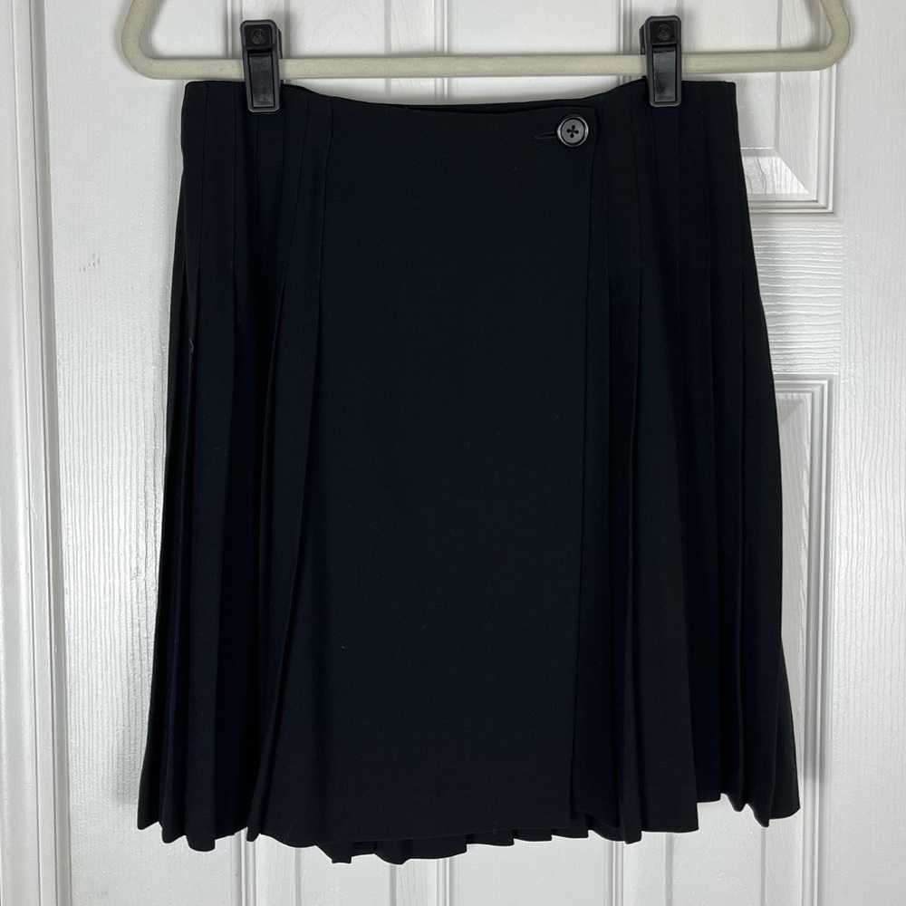 Vintage DKNY Petite All Pure Wool Pleated Black Foldover Wrap Skirt P/8
